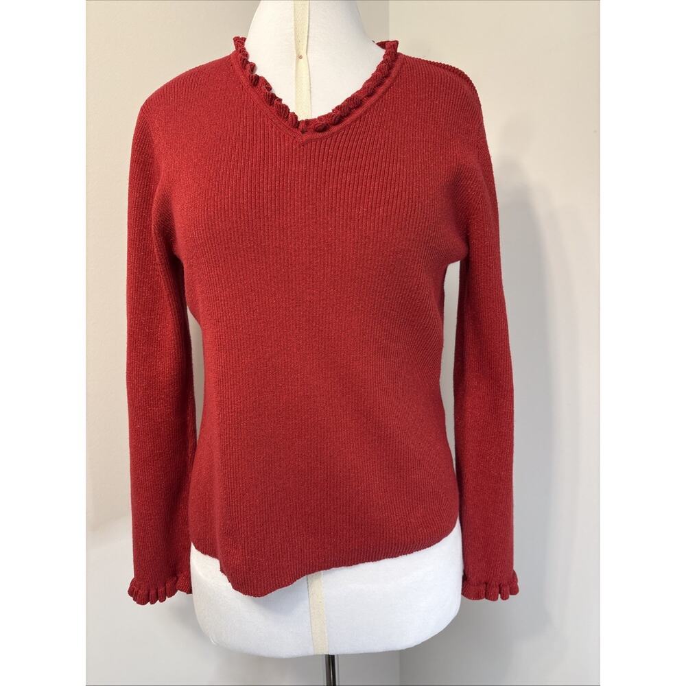 Vintage Liz Claiborne Red Shimmer Ruffle Trim Long Sleeve Sweater L Grannycore - Picture 3 of 13